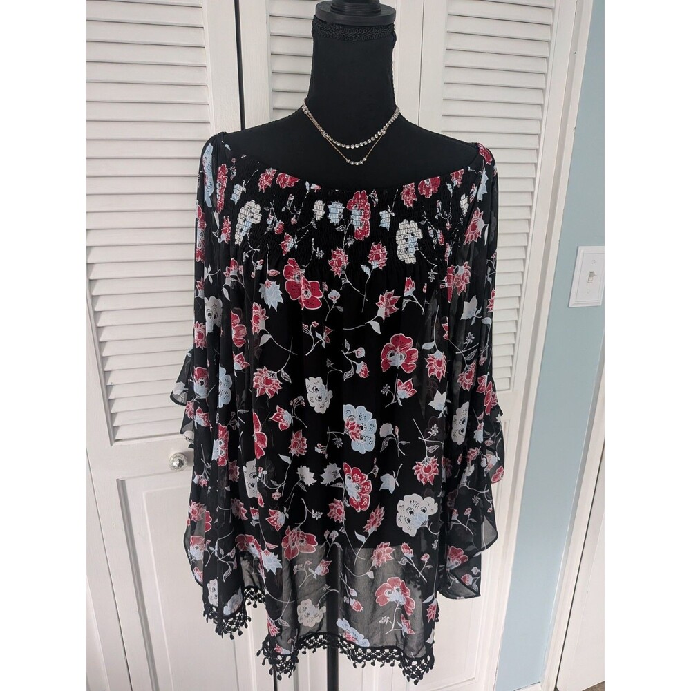 Love & Legend Top Women's 16 Black Red Sheer Off Shoulder Crochet Boho Blouse